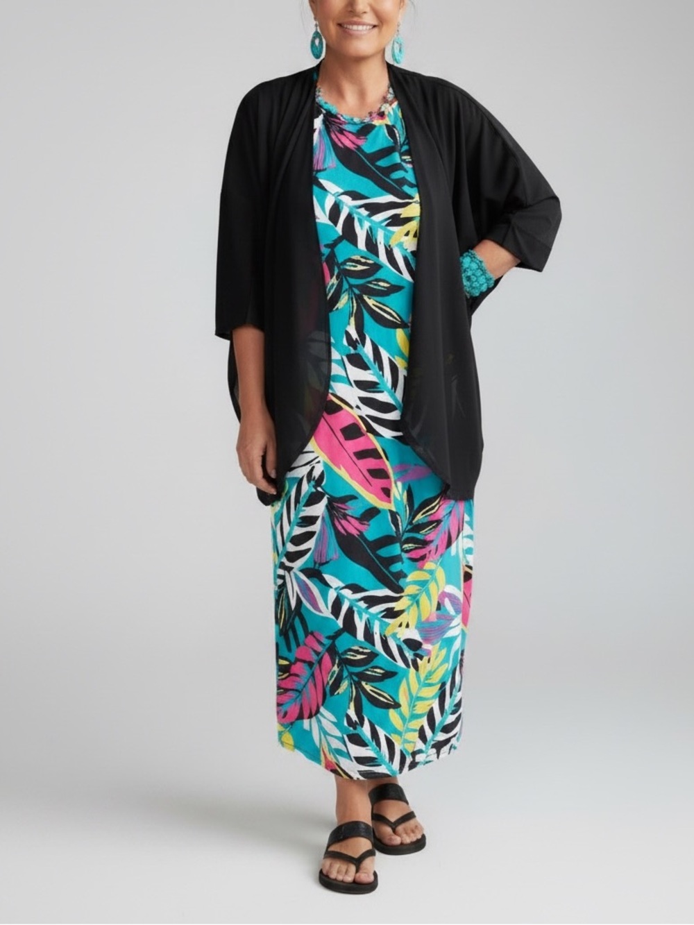P & Rose Boutique Resortwear Tropical print dress teal multi size Large.